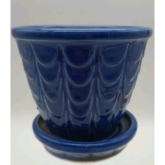 Vtg Shawnee Planter With Saucer Cobalt Blue Fishscale 3.5" - Picture 1 of 6